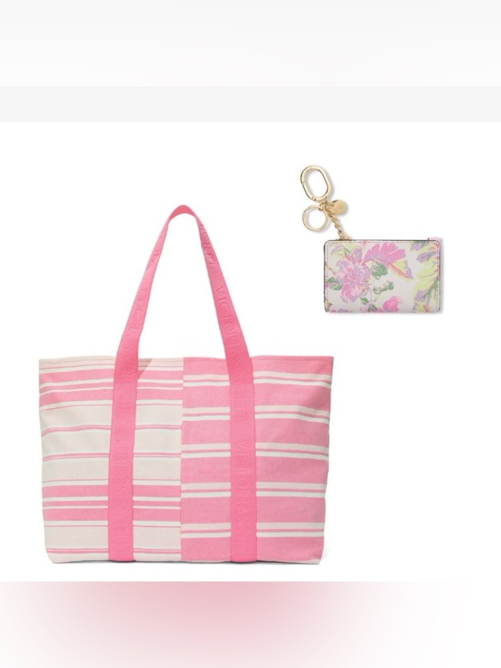 Victoria's Secret Pink and White Striped Canvas Tote with card holder keychain
